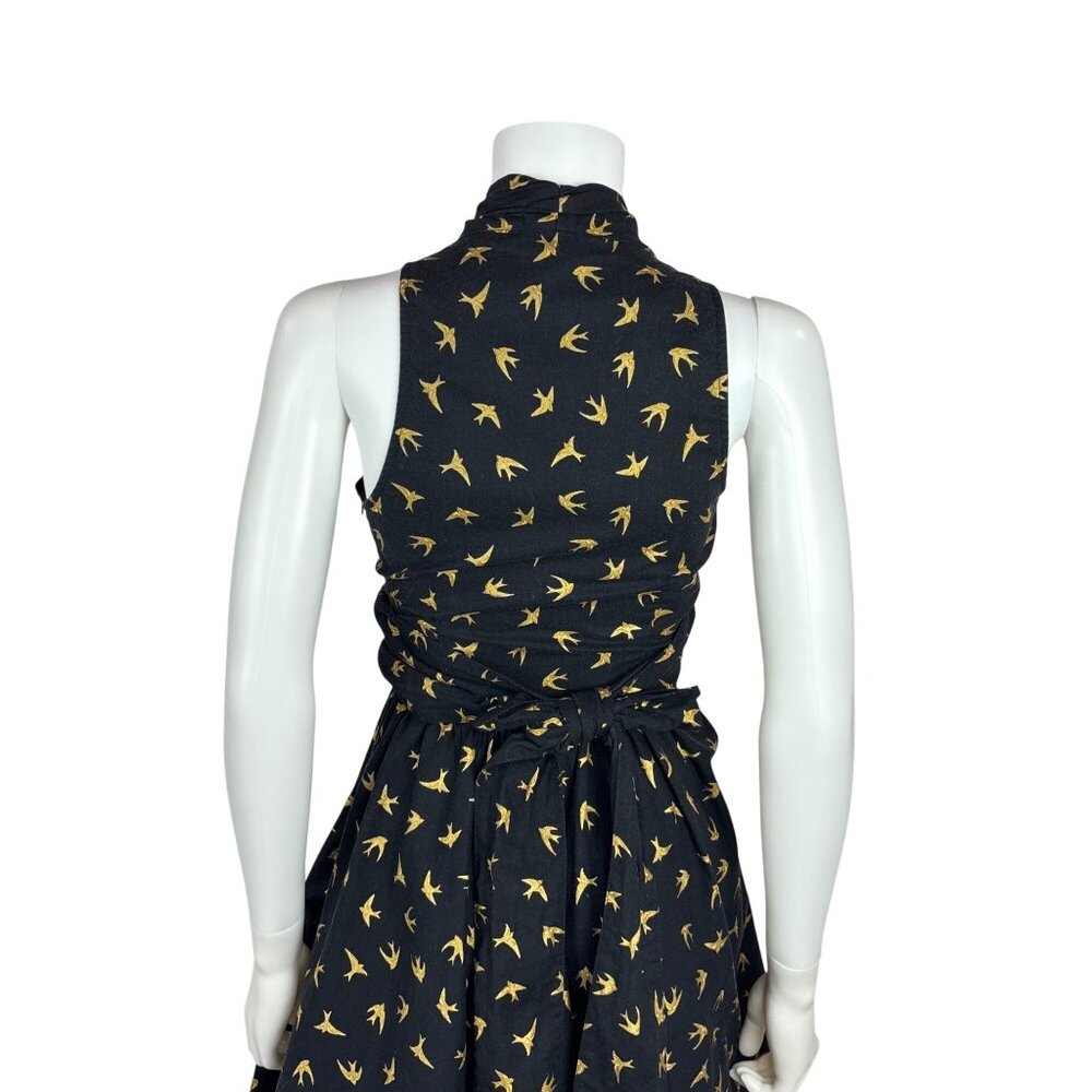 Dollz & Dames Halter Dress Small Gold Sparrow Bird Print Black Pin Up Sundress - Picture 15 of 15